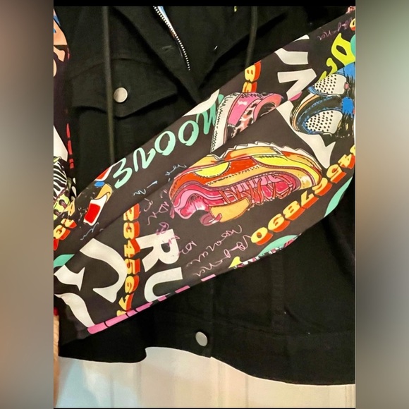 OO LALA Colorful Graphic Sleeve Hoodie Jacket Sz.L – Black Denim Front - Picture 6 of 10